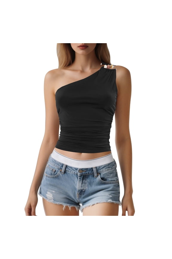 Women's Tops Women's Off Shoulder Beaded Crop Tank Top Casual Bodycon Camisole For Spring Summer With Jeans Skirts Ballet Tops for Women 3x Workout Tops Bra Camisole Spandex Crop Top for Women
