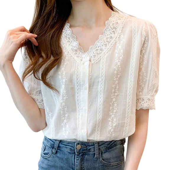 Women's Tops, Women's V Neck Lace See Through Elegant Blouse Short Sleeve Tops Shirts