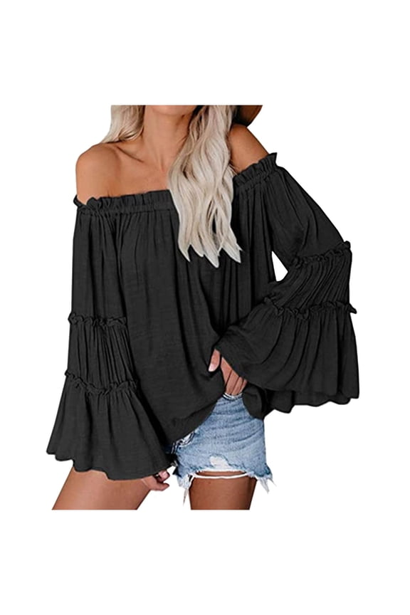 Women's Tops, Womens Off The Shoulder Long Bell Sleeve Tops Flared Casual Loose Blouse