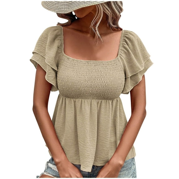 Women's Tops, Womens Summer Peplum Tops Square Neck Ruffle Trim Short Sleeve Shirred Babydoll Blouse Smocked Dressy Casual Shirts