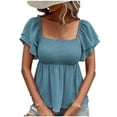 thumbnail image 1 of Women's Tops, Womens Summer Peplum Tops Square Neck Ruffle Trim Short Sleeve Shirred Babydoll Blouse Smocked Dressy Casual Shirts, 1 of 4
