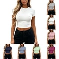 thumbnail image 1 of Women's Tops Womens Summer Tops Casual Short Sleeve Fashion Women's Casual Solid Color Midriff-Baring Short Sleeve Round-Neck Tops White M, 1 of 6