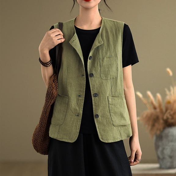 Women's Tops and Blouses Cotton and Linen Solid Color Crew Neck T Shirts Leisure Loose Fit Sleeveless Standard Straps Summer Shirts