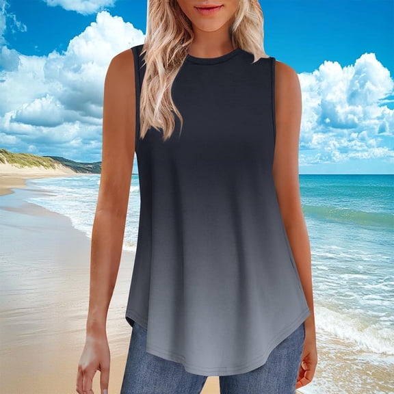 Women's Tops and Blouses Fashion Gradient Print Crew Neck T Shirts Casual Loose Fit Sleeveless Standard Straps Blouses