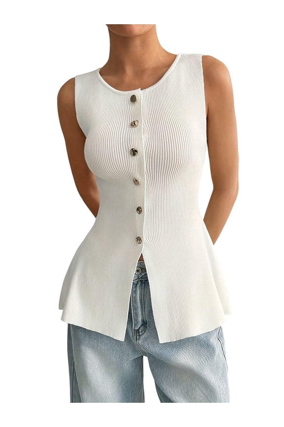 Women's Tops for Women Trendy Button Front Sweater Vests Business Ribbed Knit Work Top