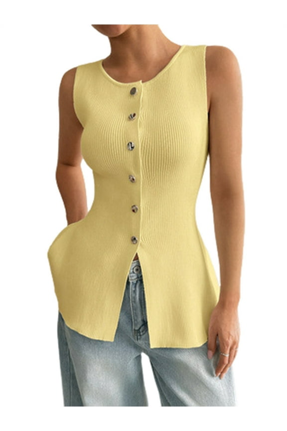 Women's Tops for Women Trendy Button Front Sweater Vests Business Ribbed Knit Work Top