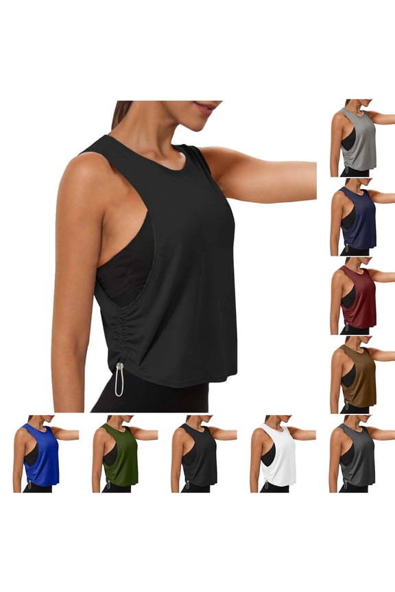 Women's Tops with Drawstring Side Ruched Quick Dry Workout Cropped Tank Large Armhole Sleeveless Yoga Running Gym Athletic Shirts, #01 Black L
