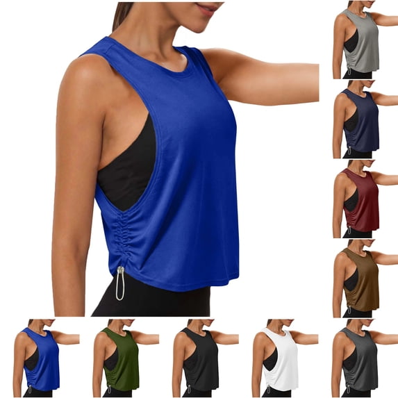 Women's Tops with Drawstring Side Ruched Quick Dry Workout Cropped Tank Large Armhole Sleeveless Yoga Running Gym Athletic Shirts, #01 Blue M