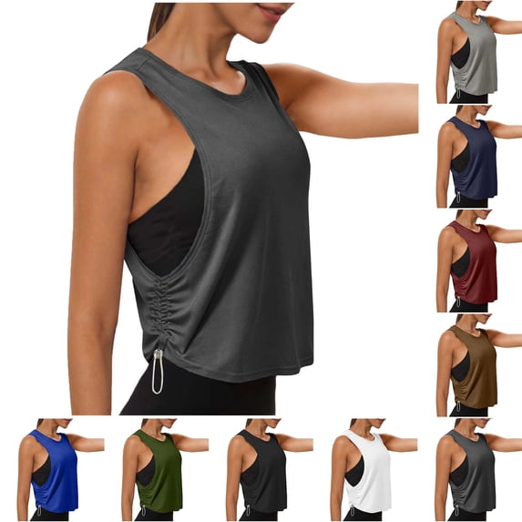 Women's Tops with Drawstring Side Ruched Quick Dry Workout Cropped Tank Large Armhole Sleeveless Yoga Running Gym Athletic Shirts, #01 Dark Gray XXL