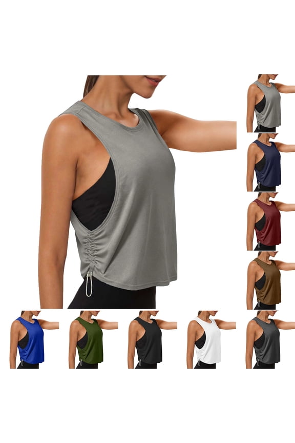 Women's Tops with Drawstring Side Ruched Quick Dry Workout Cropped Tank Large Armhole Sleeveless Yoga Running Gym Athletic Shirts, #01 Gray XXL