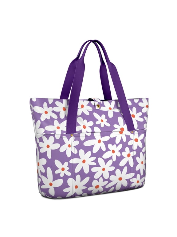 Women's Tote Bag, Daisy Pattern Everyday Shoulder Bag with Large Capacity Storage, Water Resistant Exterior, Zipper Pocket and Multiple Compartments for Work, Travel and Shopping