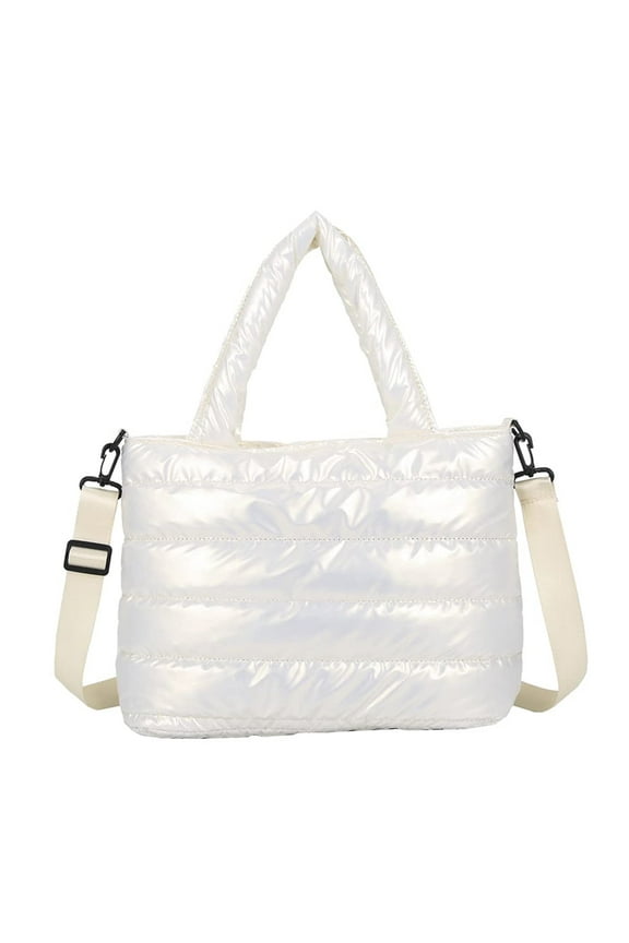 Women's Tote Bag Large Shoulder Bag, Tote Padded Winter Handbag Space Tote Bag Feather Shoulder Bag Shopping, Large Quilted Soft Padded Winter Handbag Pillow Shopper Bag, White