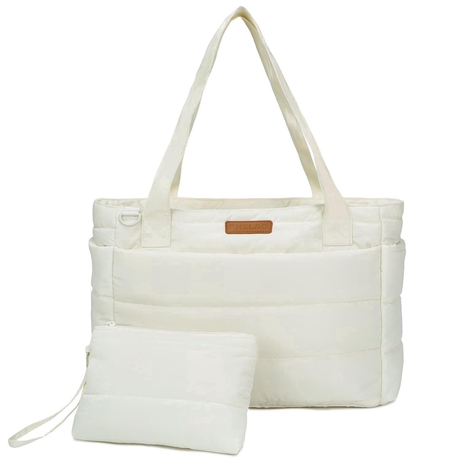 DEFAHNWomen Quilted Puffy Tote Bag, Lightweight Waterproof Laptop Tote with 15.6 in Sleeve & Luggage Strap for Daily Use, White