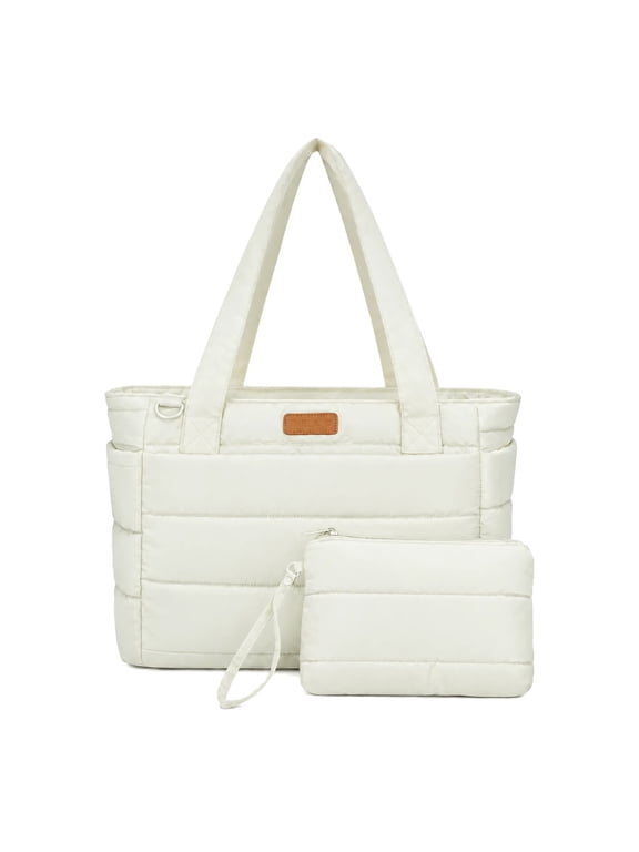 Puffy Tote Bag for Women,15.6” Laptop Bag,Lightweight Waterproof Shoulder Bags with Bonus Pouch & Luggage Strap for Work Travel School White