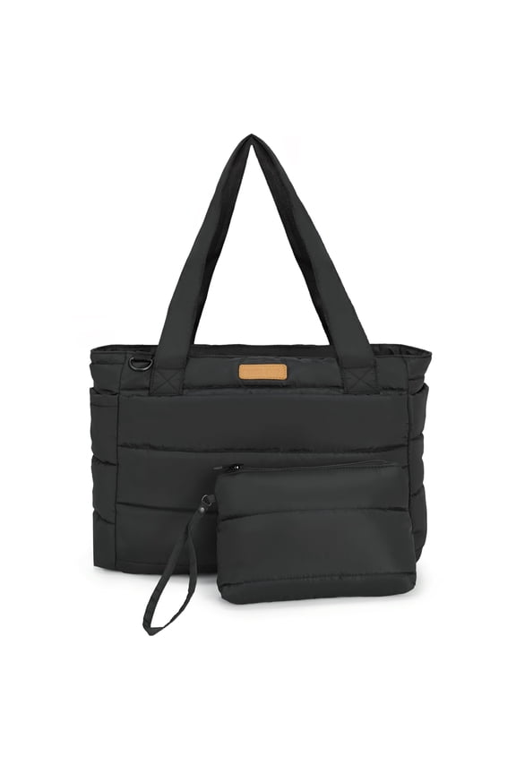 Lightweight Puffy Tote Bag for Women with Laptop Sleeve, Waterproof Multifunctional Handbag for Travel, Work, Gym & School, 15.6 in Compartment, Luggage Strap, Black