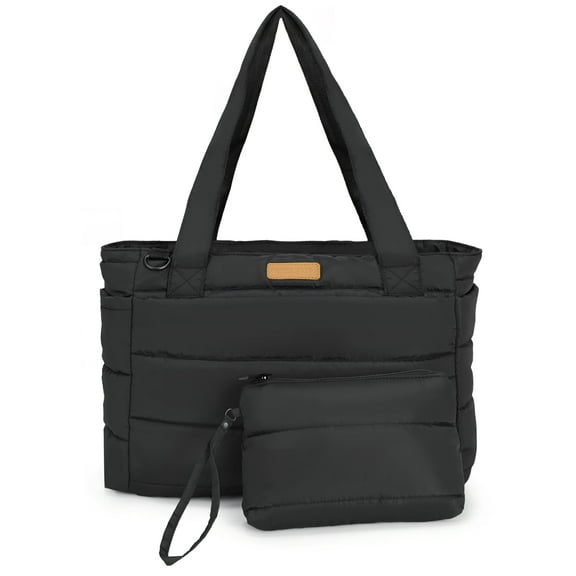 Lightweight Puffy Tote Bag for Women with Laptop Sleeve, Waterproof Multifunctional Handbag for Travel, Work, Gym & School, 15.6 in Compartment, Luggage Strap, Black