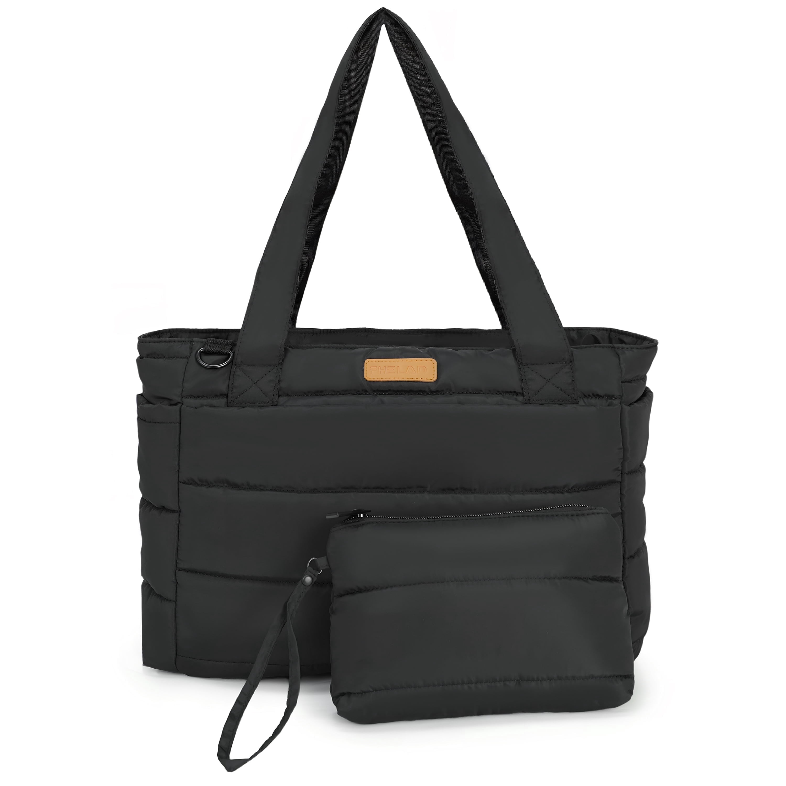 DEFAHN Waterproof Multifunctional Laptop Tote Bag for Women, Lightweight Puffer Tote with 15.6 Inch Compartment and Luggage Strap, Black
