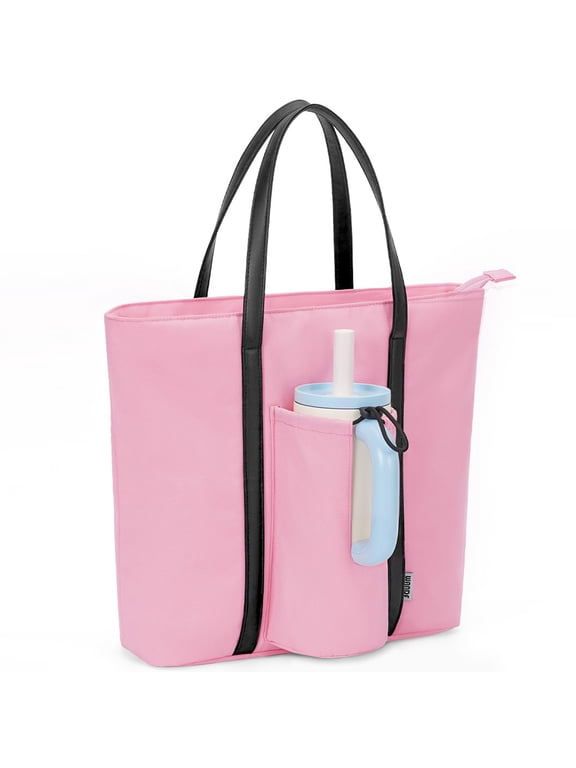 Women's Tote Bag with Cup Holder, Work Tote Bags, Large Shoulder Bag, Handbag for School Travel Beach, 15L, Pink