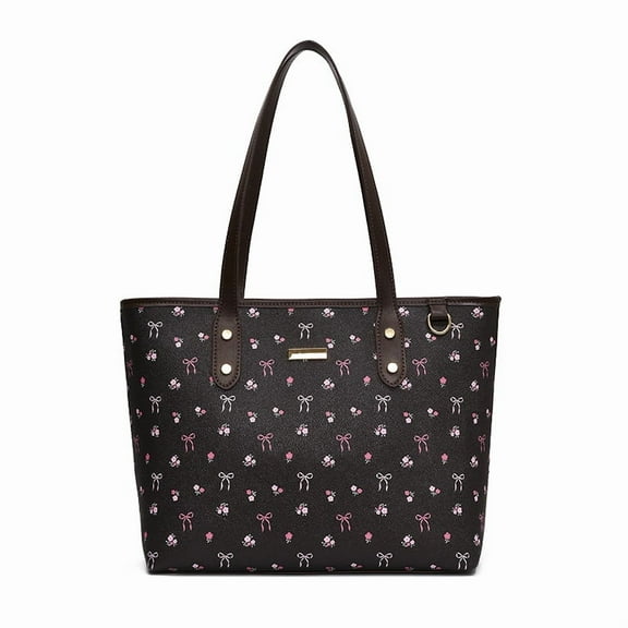 Women's Tote Bag with Floral Cherry Design, Faux Leather Purse with Top Handle and Zipper Closure