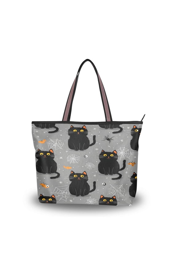 Women's Tote Handbag Cloth Handbag Large Tote Bag Shopping Bag Black Cat and Spider Web