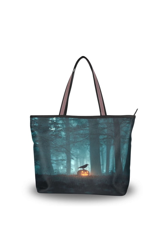 Women's Tote Handbag Cloth Handbag Large Tote Bag Shopping Bag Crow Perched on Pumpkin Lantern