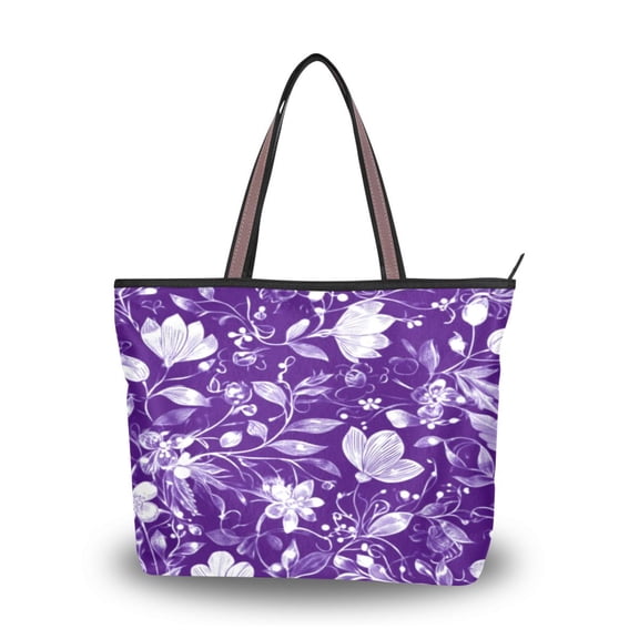 Women's Tote Handbag Cloth Handbag Large Tote Bag Shopping Bag White Floral and Leaves