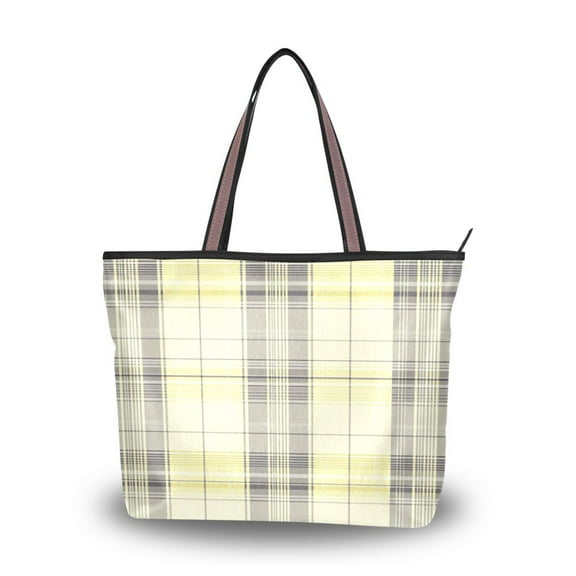 Women's Tote Handbag Cloth Handbag Large Tote Bag Shopping Bag Yellow and Grey Tartan Pattern
