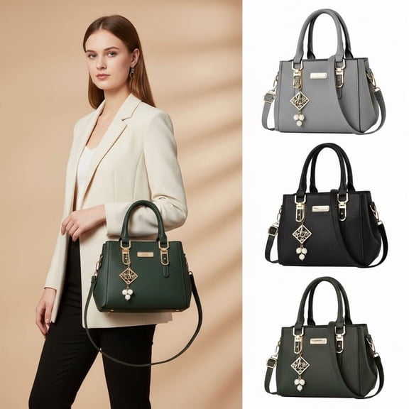 Women’s Tote Handbag PU Leather Satchel Shoulder Crossbody Purse with Charm Pendant – Large Capacity Work & Travel Bag(Black)