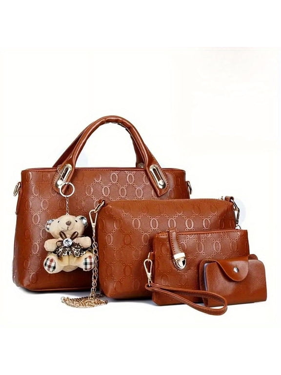 Women's Tote bag set, 4-piece bear pendant bag, large capacity tote purse crossbody bag