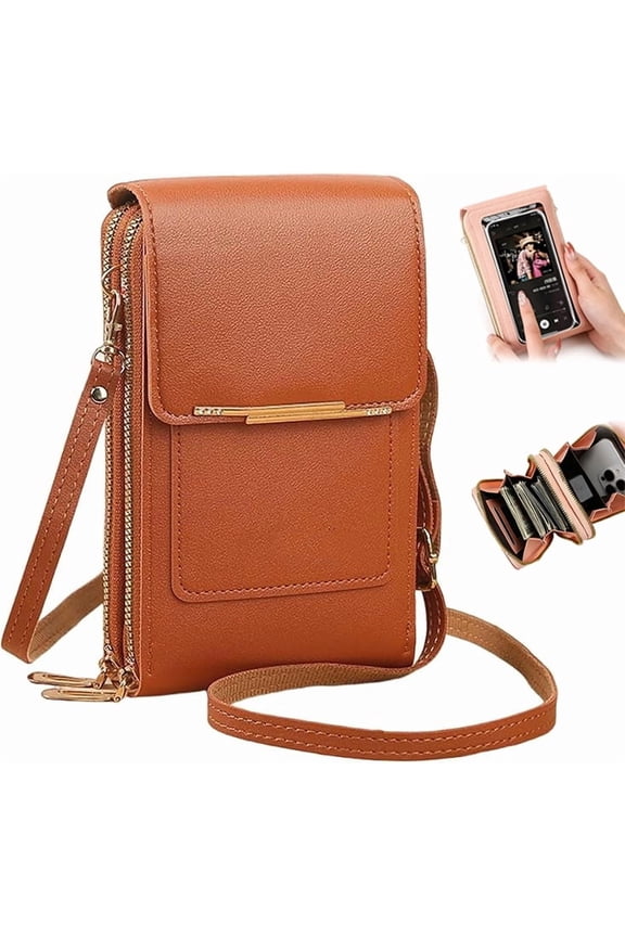 Women's Touch Screen Mobile Phone Bag, RFID Leather Crossbody Wallet Purse, with Clear Window, Anti-Theft Shoulder Strap, Mobile Wallet for Daily Travel