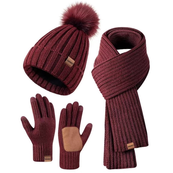 Women's Touch Screen Winter Beanie Scarf Gloves Set, Knit Fleece Lined Long Scarf