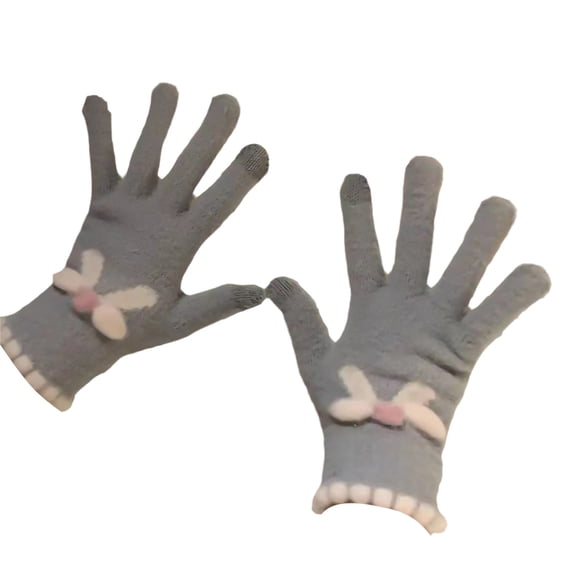 Women's Winter Knitted Touchscreen Gloves - Cute Bow Design, Warm Yarn, Five-Finger Fit for Students & Cycling