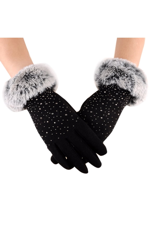 Women's Touchscreen Winter Gloves, Rhinestone Decorated Back Hand Warm Gloves with Furry Cuff, Knit Outdoor Sport Gloves for Cold Weather, Fashionable Gift - Black
