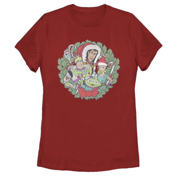 Women's Toy Story Christmas Wreath Characters Graphic Tee Red Large