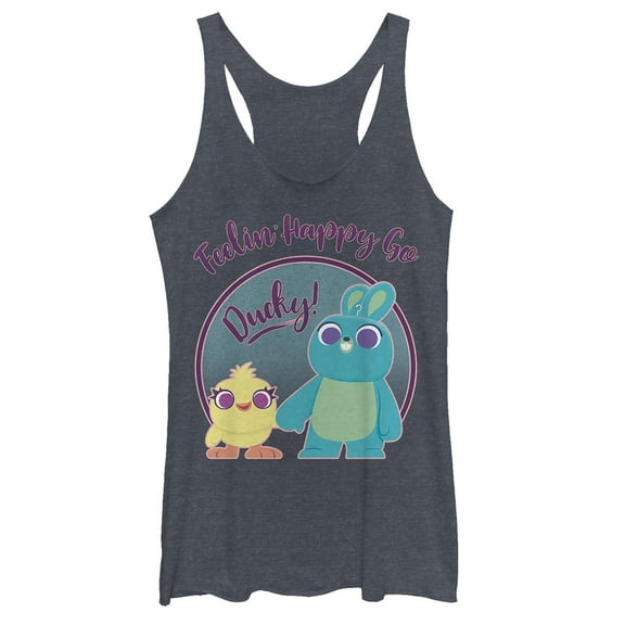 Women's Toy Story Ducky & Bunny Feelin' Happy  Racerback Tank Top Navy Blue Heather Small
