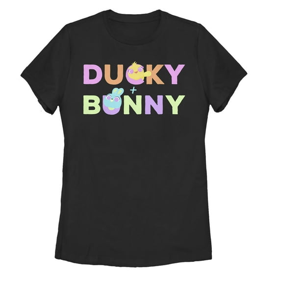 Women's Toy Story Ducky & Bunny Rainbow Text Graphic Tee Black X Large