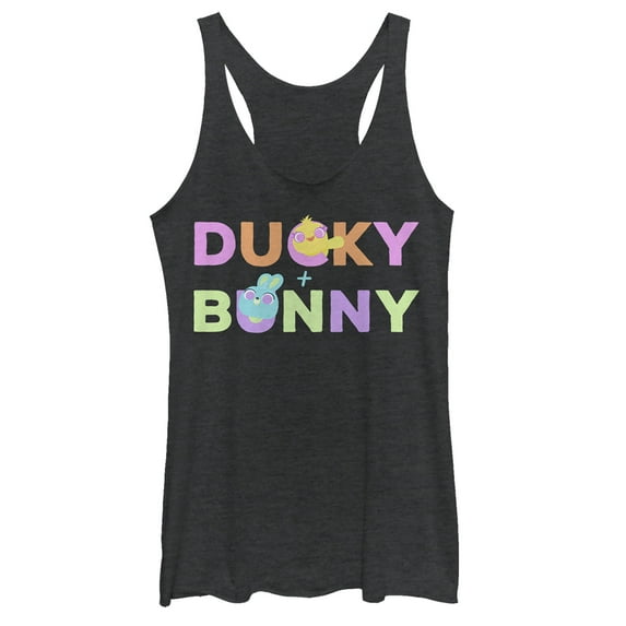 Women's Toy Story Ducky & Bunny Rainbow Text Racerback Tank Top Black Heather Medium