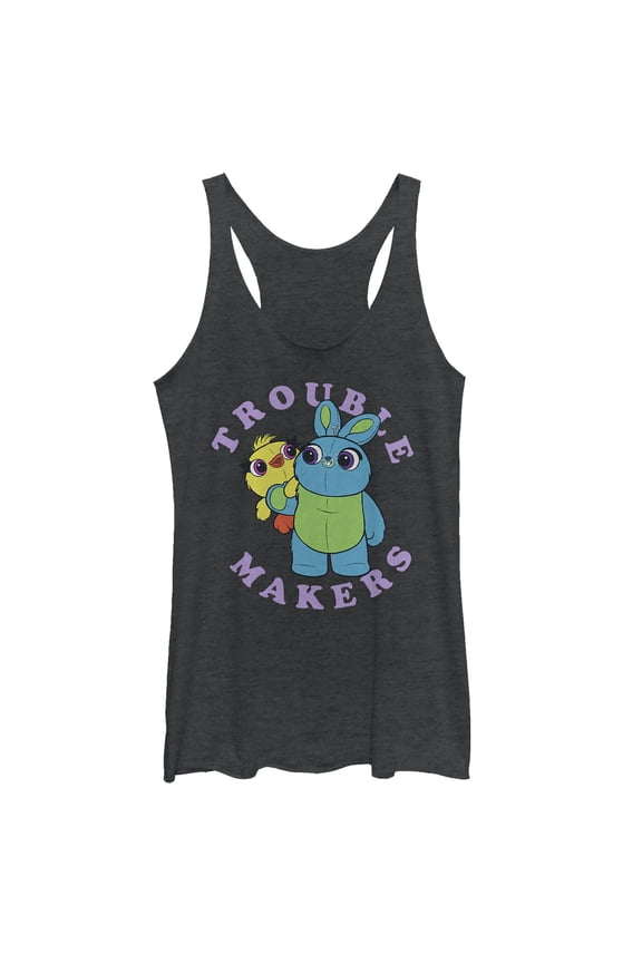 Women's Toy Story Ducky & Bunny Trouble Makers Racerback Tank Top Black Heather Medium