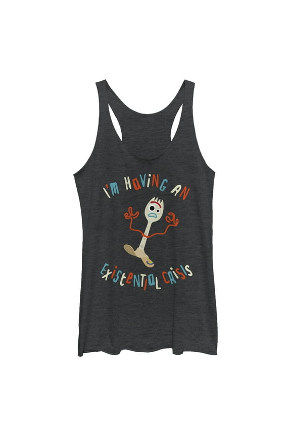 Women's Toy Story Forky I'm Having an Existential Crisis Racerback Tank Top Black Heather Medium