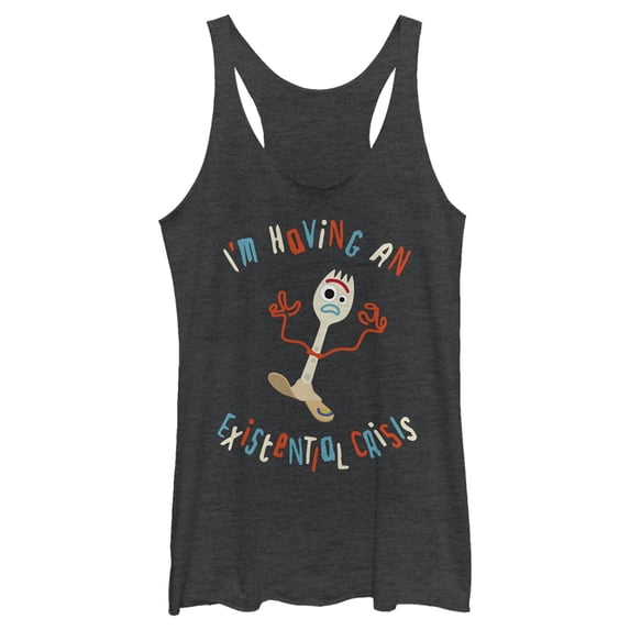 Women's Toy Story Forky I'm Having an Existential Crisis Racerback Tank Top Black Heather X Small