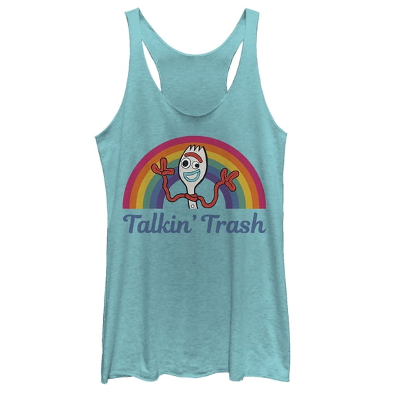 Women's Toy Story Forky Talkin' Trash Rainbow Racerback Tank Top Tahiti Blue X Small