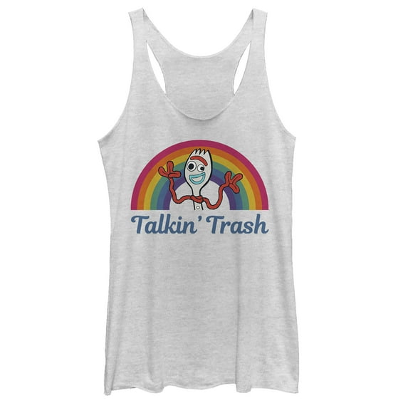 Women's Toy Story Forky Talkin' Trash Rainbow Racerback Tank Top White Heather 2X Large