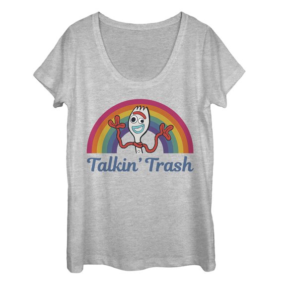 Women's Toy Story Forky Talkin' Trash Rainbow  Scoop Neck Athletic Heather 2X Large