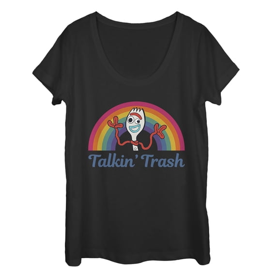 Women's Toy Story Forky Talkin' Trash Rainbow Scoop Neck Black X Large