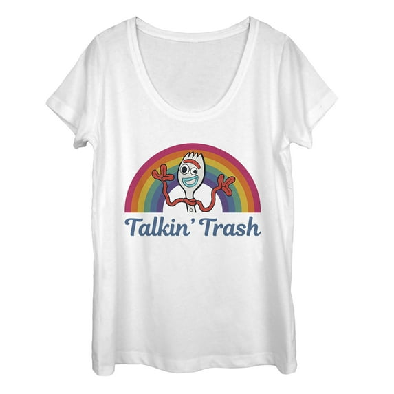 Women's Toy Story Forky Talkin' Trash Rainbow Scoop Neck White Medium