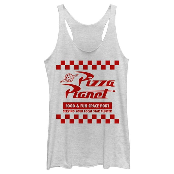 Women's Toy Story Pizza Planet Uniform Racerback Tank Top White Heather Medium