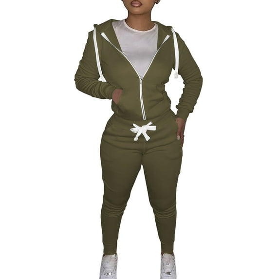 Women's Tracksuit 2Pcs Outfits Sets Casual Long Sleeve Zipper Hoodie+Sweatpants Joggers Solid Color Sweatsuit Sports Activewear