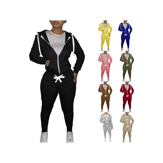 Women's Tracksuit 2Pcs Outfits Sets Casual Long Sleeve Zipper Hoodie+Sweatpants Joggers Solid Color Sweatsuit Sports Activewear