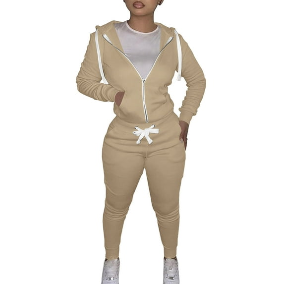 Women's Tracksuit 2Pcs Outfits Sets Casual Long Sleeve Zipper Hoodie+Sweatpants Joggers Solid Color Sweatsuit Sports Activewear