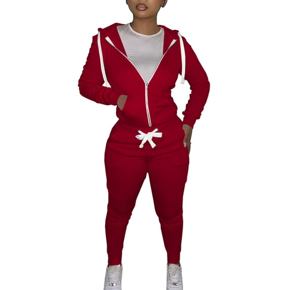 Women's Tracksuit 2Pcs Outfits Sets Casual Long Sleeve Zipper Hoodie+Sweatpants Joggers Solid Color Sweatsuit Sports Activewear
